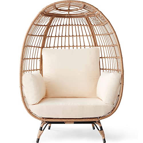 Best Choice Products Wicker Egg Chair, Oversized Indoor Outdoor Lounger for Patio, Backyard, Living Room w/ 4 Cushions, Steel Frame, 440lb Capacity - Ivory