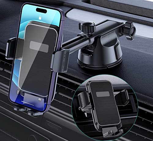 Car Phone Holder Mount, [Military-Grade Suction & Super Sturdy Base] 3 in 1 Universal Phone Mount For Car Dashboard Windshield Air Vent Hands Free Car Phone Mount for iPhone Android All Smartphone