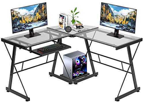 FDW Computer Desk Gaming Desk L Shaped Corner Desk Home Office Writing Workstation Toughened Glass Study Keyboard CPU Stand PC Modern Table for Small Spaces (Clear)