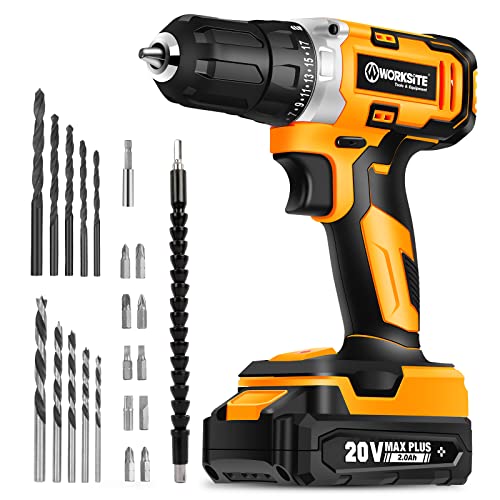 WORKSITE Cordless Drill/Driver Kit, 20V MAX 3/8' Compact Drill Set with 2.0A Battery, Charger, 309 In-lbs Max Torque, 24pcs Accessories for Drilling Wood Metal
