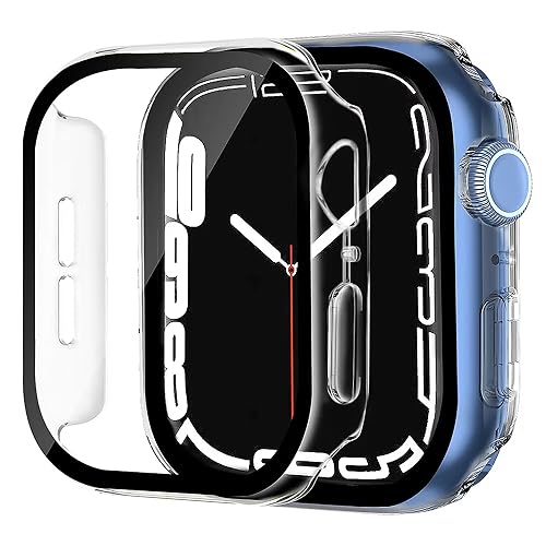 Smiling 2 Pack Case Built in Tempered Glass Screen Protector Compatible with Apple Watch Series 9 (2023)/Series 8 /Series 7 41mm, Hard PC Case Overall Protective Cover- Transparent
