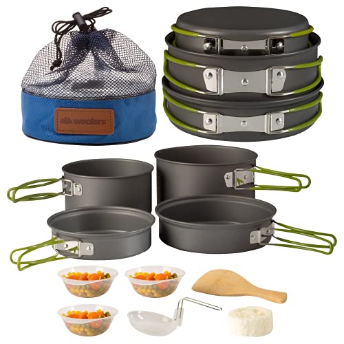 Wealers Camping Cookware 11 Piece Outdoor Mess Kit Backpacking| Trailblazing add on | Compact| Lightweight| Durable with Chef Pots, Bowls, Utensils and Mesh Carry Bag Included (11 Piece Set)