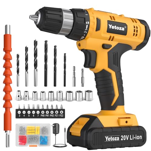 Yetoza Cordless Drill Set, 20V Lithium Ion Power Drill with Battery and Charger, Compact Driver/Drill Kit, 3/8-Inch Keyless Chuck, Variable Speed, 22 Position and 60 Drill Bits and Sockets (Yellow)
