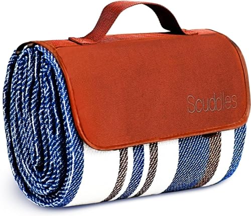 scuddles Extra Large Picnic Blanket Dual Layers Outdoor Beach Blanket Water-Resistant Handy Mat Tote Spring Summer Blue and White Striped Great for The Beach