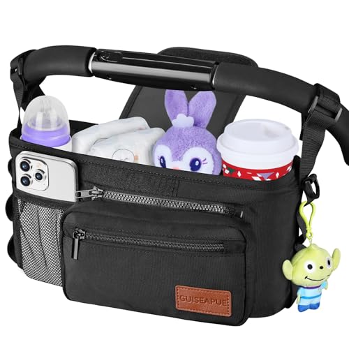 Guiseapue Universal Stroller Organizer with Cup Holder Detachable Phone Bag and Shoulder Strap, Stroller Caddy Fits for Stroller Accessories like Uppababy, Baby Jogger, Doona, Nuna Stroller