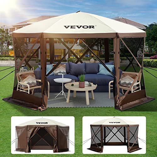 VEVOR Pop-up Camping Canopy Gazebo Screen Tent, 12 x 12ft 6 Sided Shelter Tent with Mesh Windows, Carry Bag & Ground Stakes