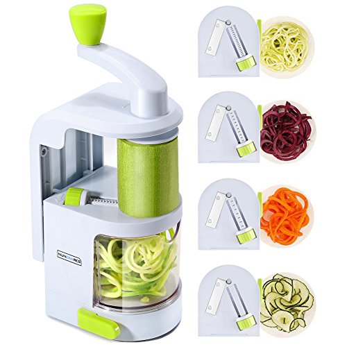 Spiralizer Vegetable Slicer (4-in-1 Rotating Blades) Heavy Duty Veggie Spiralizer with Strong Suction Cup, Zucchini Spiral Noodle/Zoodle/Spaghetti/Pasta Maker ( Recipe Book and Cleaning Brush)