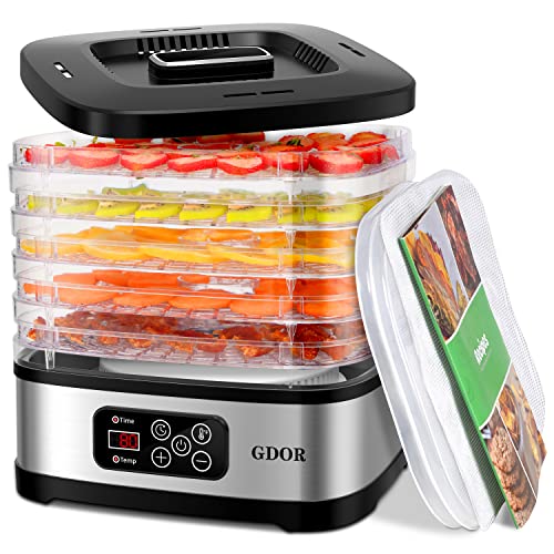 Food Dehydrator Includes Mesh Screen, Fruits Roll Sheet, Recipes, GDOR 5 Trays Dehydrator Machine with Temp Control & 72H Timer & LED Display, for Jerky, Fruit, Veggie, Herb, Dog Treat, BPA-Free