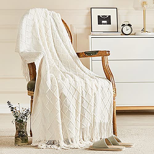 Inhand Knitted Throw Blankets for Couch and Bed, Soft Cozy Knit Blanket with Tassel, Off White Lightweight Decorative Blankets and Throws, Farmhouse Warm Woven Blanket for Men and Women, 50'x60'