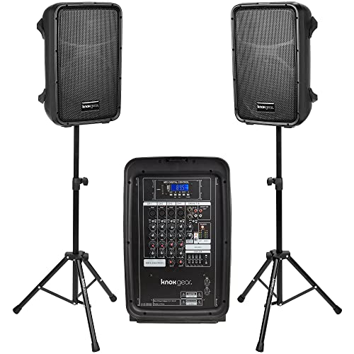 Knox Gear Dual Speaker and Mixer Set–Portable 8” 300 Watt DJ PA System with Wired Microphone & Tripod Stands, Amplifier, Bluetooth, USB, SD, 1/4” Line RCA, XLR Inputs, Ideal for a Party or Event