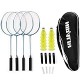 HIRALIY Badminton Rackets Set of 4 for Outdoor Backyard Games, Including 4 Rackets, 12 Nylon Shuttlecocks, 4 Replacement Grip Tapes (Blue)