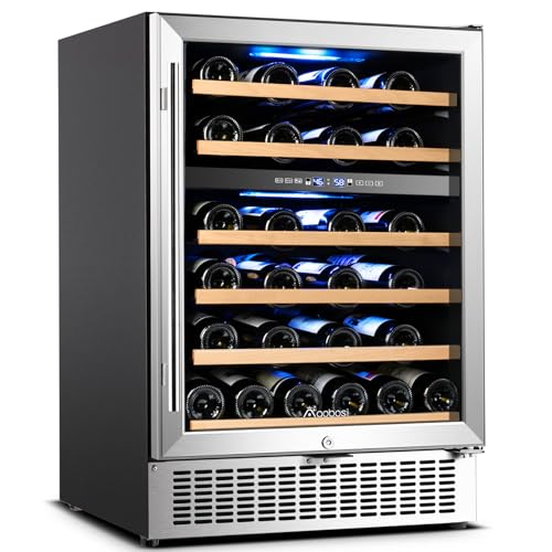 AAOBOSI 24 Inch Dual Zone Wine Cooler 46 Bottle with Upgraded Compressor Advanced Cooling System Quiet Operate, Freestanding and Built-in Wine Refrigerator