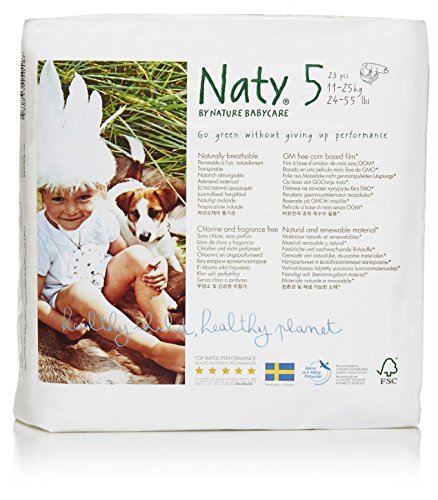 Naty by Nature Babycare Eco-Friendly Premium Disposable Diapers for Sensitive Skin, Size 5, 4 packs of 23 (92 Count) (Chemical, chlorine, perfume free)