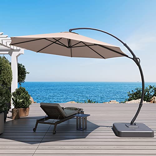 LAUSAINT HOME Outdoor Patio Umbrella with Base included, 11 FT Deluxe Curvy Cantilever Umbrella Heavy Duty Offset Hanging Umbrella with 360° Rotation for Market, Pool, Garden, Backyard, Deck (Beige)