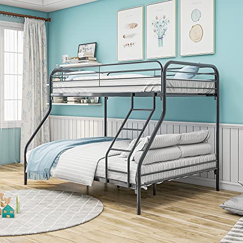 EMKK Twin-Over-Full Metal Bunk Bed,Heavy Duty Bunk Beds Frame w/Enhanced Upper-Level Guardrail and Ladders for Kids/Teen/Adults,Metal Floor Bunk Bed