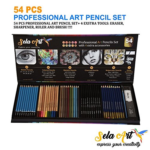 Sela Art-54 Pcs Professional Art Pencil Set! Great for Drawing and Coloring. All in one: Colored, Watercolor, Charcoal, Metallic, Sketch Pencils + 4 Accessories: Brush, Sharpener, Eraser, and Ruler !