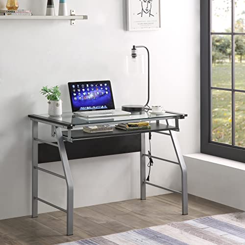Kings Brand Furniture Computer Desk with Keyboard Tray - Silver Metal & Glass Top Home Office Desk, Gaming Desk for Laptop & Desktop Computer for Students, Remote Worker, & Gamer