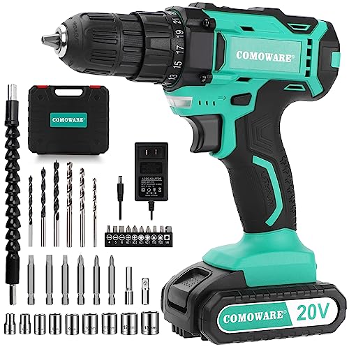COMOWARE 20V Cordless Drill, Electric Power Drill Set with 1 Battery & Charger, 3/8” Keyless Chuck, 2 Variable Speed, 266 In-lb Torque, 25+1 Position and 34pcs Drill/Driver Bits
