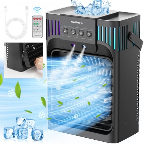 Portable Air Conditioners,1200ML Cooling fan Air Conditioner with Remote,3 Wind Speed & 7 LED Light,3 Cool Mist& 2-8H Timer, Removable Personal Air Conditioner Evaporative Air Cooler for Room/Office