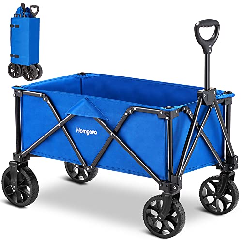 Homgava Collapsible Folding Wagon Cart, Portable Large Capacity Camping Wagon, All Terrain Foldable Wagon, Heavy Duty Utility Wagon Cart for Grocery Outdoor Beach Gardening Shopping Fishing Blue