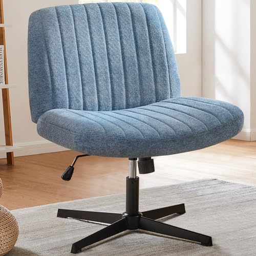 edx Criss Cross Chair,Armless Legged Office Desk Chair No Wheels,Fabric Padded Wide Seat Modern Swivel Height Adjustable Mid Back Computer Task Vanity Chair for Home Office,Blue