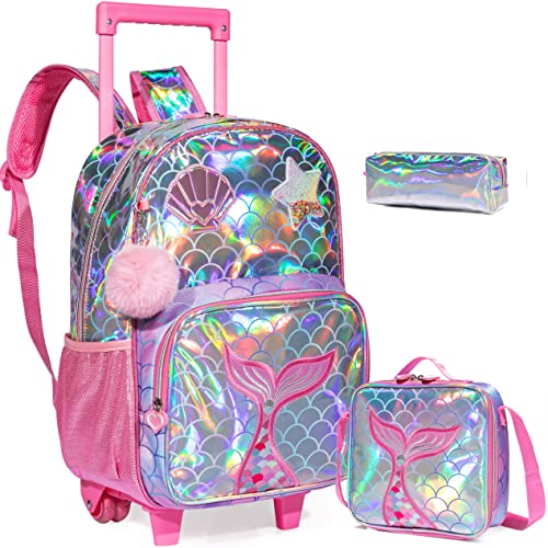 ZBAOGTW Mermaid Rolling Backpack for Girls Kids Backpack with Wheels for Elementary Kindergarten Girls Wheeled Backpack Carry on Luggage for School Travel