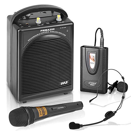 Pyle Portable PA Speaker & Microphone System - FM Stereo Radio, Built-in Rechargeable Battery, Aux & Microphone Inputs, Includes Beltpack, Handled Headset & Lavalier Mics - PWMA200,Black