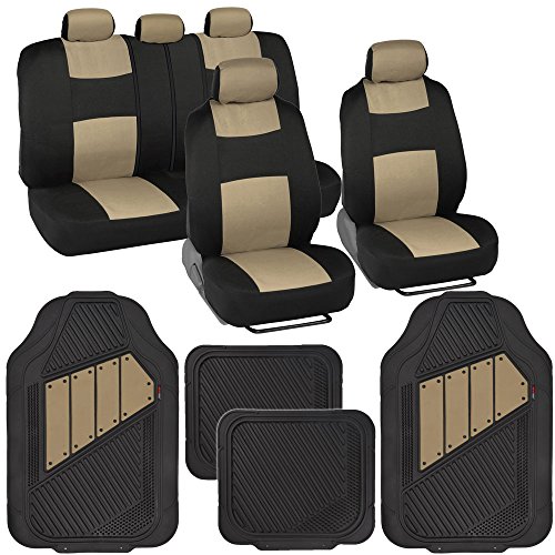 BDK Two-Tone PolyPro Car Seat Covers Full Set with Motor Trend Heavy Duty Rubber Car Floor Mats, Black & Beige/Brown – Interior Covers for Auto Truck Van SUV