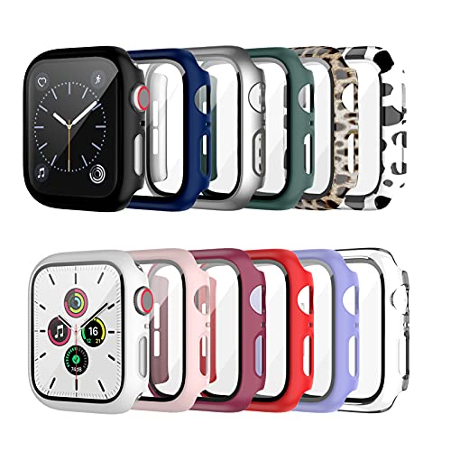 Cuteey 12 Pack Case with Tempered Glass Screen Protector for Apple Watch 40mm Series 6/SE/Series 5/Series 4, Full Matte Leopard Cow Pattern PC Cover for Iwatch 40mm Accessories (12 Colors, 40mm)