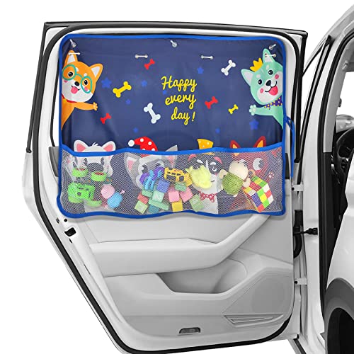 DIZA100 Car Sun Shade for Window Baby, Full Shade Car Window Shades with Storage Net Pocket Car Window Curtain 7 Suction Cups Cute Patterns for Sun/Heat/UV Rays Protection Kids (Blue-Cute Dogs)