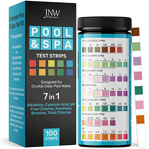 Pool Test Strips, 7in1 Quick & Accurate Pool and Spa Test Strips, Pool Water Test Kit - 100 Bromine, pH, Hardness, Alkalinity, Chlorine Pool Water Tests, Spa and Hot Tub Test Strips with E-Book - JNW