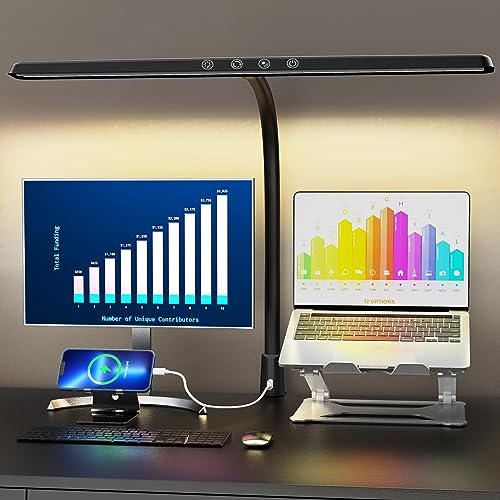 LED Desk Lamp for Home Office,Eye-Caring Architect Desk Light with Clamp & USB Charging Port 1800LM 24W Auto-Dimming Timmer 5 Color Modes, Flexible Monitor Gooseneck Table Light for Work Study Reading