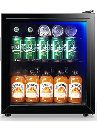 WANAI Beverage Refrigerator Cooler 60 Cans Mini Fridge Glass Door Mini Can Fridge 1.7 cu.ft Organizer for Beer Soda Wine Small Refrigerator with Blue LED for Home/Bar/Office/Dorm