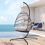 Bulexyard Swing Egg Chair with Stand Indoor Outdoor Wicker Rattan Patio Basket Hanging Chair with UV Resistant Cushions Aluminum Frame 350lbs Capaticy for Bedroom Balcony Patio (Beige)