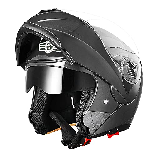 AHR Motorcycle Helmet Dual Visor Modular Flip up Full Face Helmet DOT Approved - AHR Helmet Run-M for Adult Motorbike Street Bike Moped Racing (Black, L)