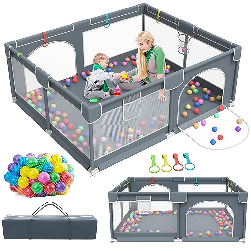 Baby Playpen, 79' x 63' Extra Large Play Yard Playpen for Babies and Toddlers with 50 Ocean Balls, Indoor & Outdoor Safety Baby Activity Center with Breathable Mesh, Anti-Slip Suckers and Zipper Gate