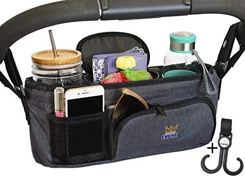 Stroller Organizer with Cup Holder that keeps Drink Level on Any Handle Angle! Unique Collapsible Design & Rigid Top Means it Wont Sag & Lose Shape like other Baby Organizer Stroller Caddy Accessories