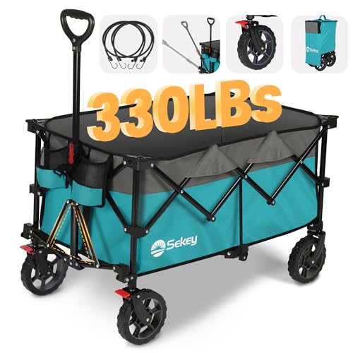 Sekey 220L Collapsible Foldable Wagon with 330lbs Weight Capacity, Heavy Duty Folding Wagon Cart with Big All-Terrain Wheels & Drink Holders.Turquoise