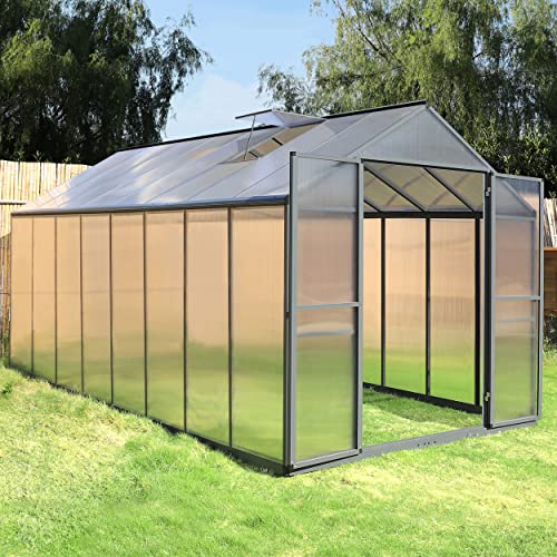 VEIKOU Greenhouse for Outdoor, 8' x 16' Polycarbonate Greenhouse Heavy Duty, Aluminum Green House Kit for Winter Plants with Doors and Adjustable Roof Vents Grey