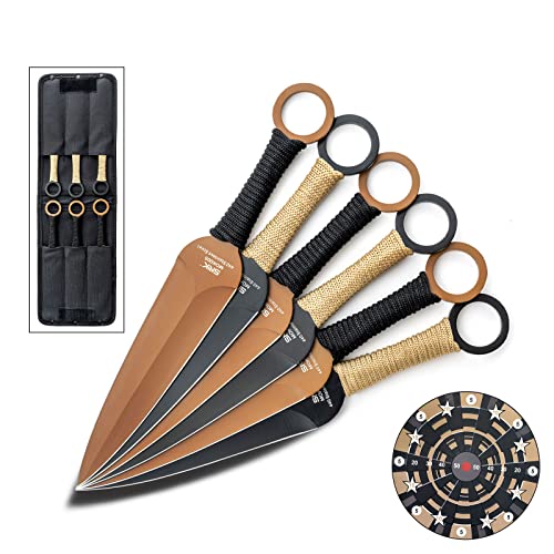 SNK 9' Throwing Spears and Knives with 6 Pcs Double-edged Blades and a Paper Target, 3 Tan Kunai Knives and 3 Black Hunting Knives with Cord-wrapped Handles, Nylon Carrying Case, Perfectly Balanced