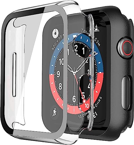 Misxi 2 Pack PC Case with Tempered Glass Screen Protector Compatible with Apple Watch Series 6 SE Series 5 Series 4 44mm, Overall Shockproof Protective Cover for iWatch, 1 Black + 1 Transparent