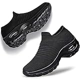 YHOON Women's Walking Shoes - Sock Sneakers Slip on Mesh Platform Air Cushion Athletic Shoes Work Nurse Comfortable Black 8