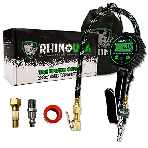 Rhino USA Digital Tire Inflator with Pressure Gauge (0-200 PSI) - ANSI B40.7 Accurate, Large 2' Easy Read Glow Dial, Premium Braided Hose, Solid Brass Hardware, Best for Any Car, Truck, Motorcycle, RV