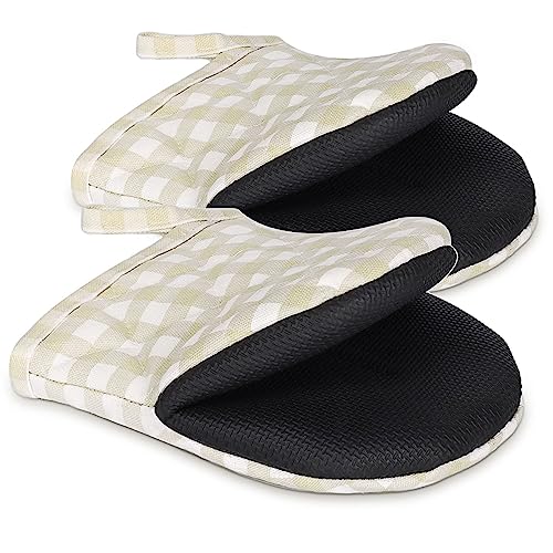 1 Pair Short Oven Mitts, Heat Resistant Silicone Kitchen Mini Oven Mitts for 500 Degrees, Non-Slip Grip Surfaces and Hanging Loop Gloves, Baking Grilling Barbecue Microwave Machine Washable