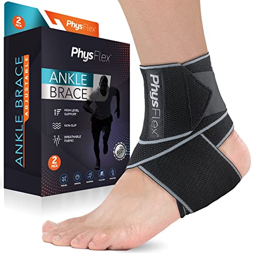 PhysFlex Ankle Brace - Compression Sleeve with Adjustable Strap & Comfy Ankle Support Perfect for Sprained Ankle, Achilles Tendon, Plantar Fasciitis & Sports - Ideal for Men & Women (2, Gray)