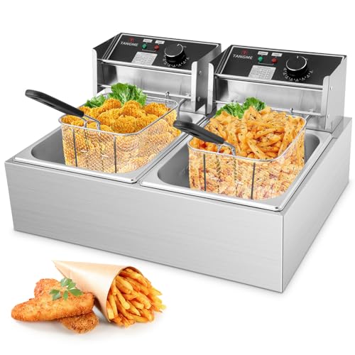 Commercial Deep Fryer - 3400W Electric Deep Fryers with 2x6.35QT Baskets 0.8mm Thickened Stainless Steel Countertop Oil Fryer 20.7QT Large Capacity with Temperature Limiter (12L)