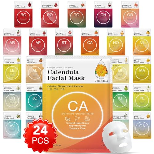 24Pack Collagen Essence Sheet Facial Masks, Face Masks Skincare, Hydrating Face Masks, Moisturizing and Soothing, Natural Skin Care Spa Face Mask, For All Skin Types