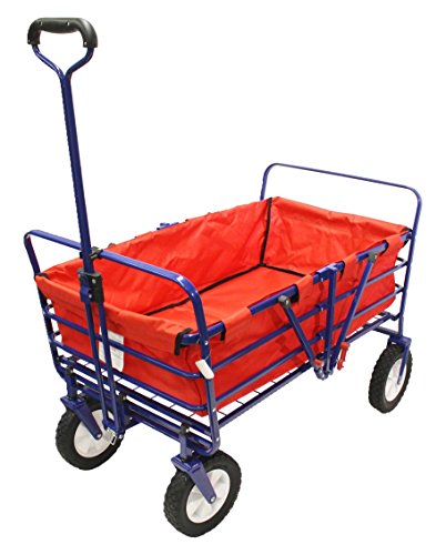 Everyday WonderFold Outdoor 2-in-1 Heavy Duty Folding Wagon Field Work Garden Utility Cart - Sapphire Blue Wagon with Removable Red Bag