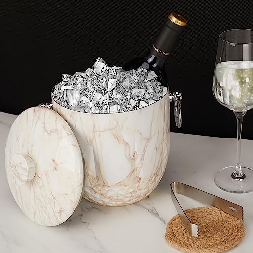 LRYYBTI Ice Bucket with Lid, Double Wall Stainless Steel insulated ice bucket, Champagne Bucket, Wine Bucket for parties, cocktail bar, White Marble, 3L, Not Included Strainer