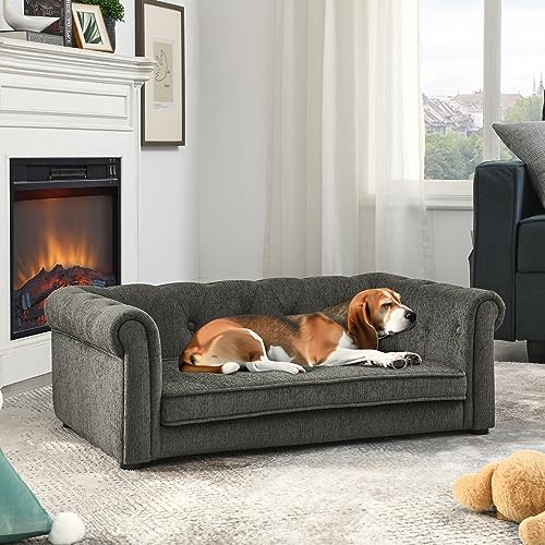 TEFUNE Pet Sofa, Made Sponge and Highly Breathable Linen, Suitable Pet Sofas, Dog Sofas, Dog Beds, Cat Beds, Cat Sofas for Medium-Sized Dogs (Grey)